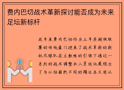 费内巴切战术革新探讨能否成为未来足坛新标杆